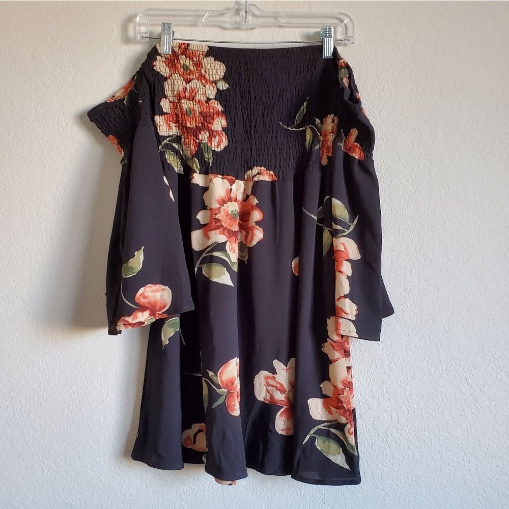 Women's Smocked Black Floral Dress - Picture 1 of 4